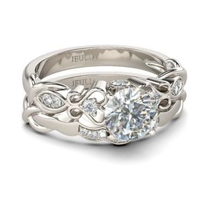 Jeulia Floral Round Cut Sterling Silver Ring set